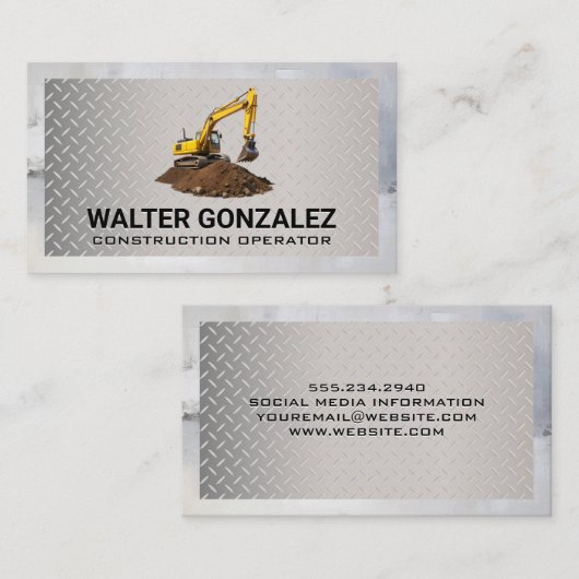 Stalen Plaatmetaal | Graafmachine graaft aarde Visitekaartje (Voorkant / Achterkant)