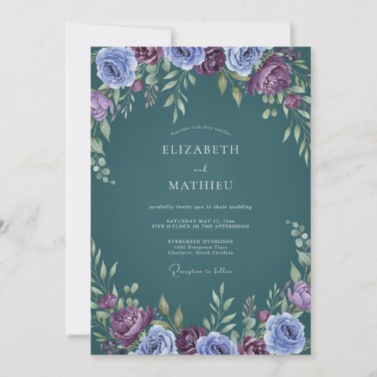 Stalen Pruim Ranunculus Eucalyptus Bruiloft Kaart (Voorkant)