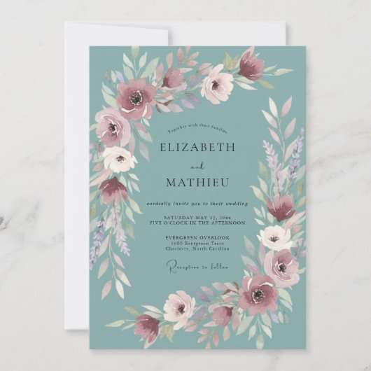 Stalen Pruim Ranunculus Grijs Eucalyptus Bruiloft Kaart (Voorkant)