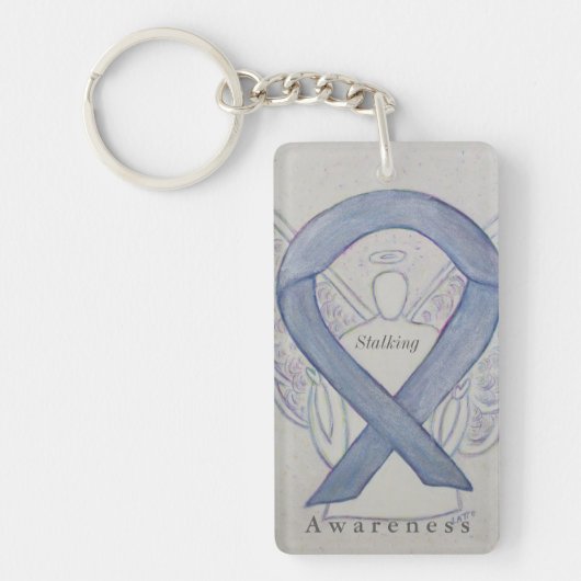 Stalking Awareness Ribbon Silver Angel Sleutelhang Sleutelhanger (Voorkant)