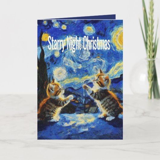 Stallige Kerstkat Spoof van Starry Night Feestdagen Kaart (Voorkant)