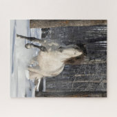 Stallion in de sneeuw draait om puzzel (Horizontaal)
