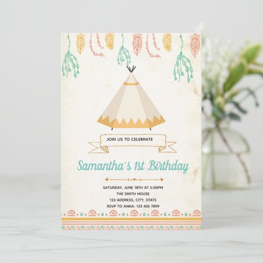 Stam boho tipi verjaardagsfeest uitnodiging (Staand voorkant)