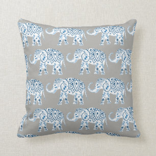 Stam Olifant blauwe mandala op grijs Kussen