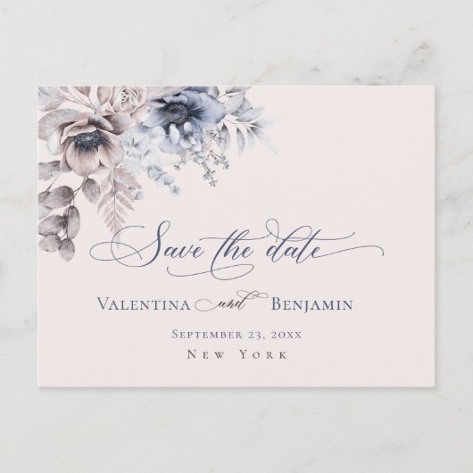 Stamblauw beige florelegant Sla de datum op Briefkaart (Voorkant)