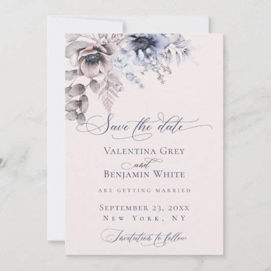 Stamblauw beige florelegant Sla de datum op Save The Date (Voorkant)
