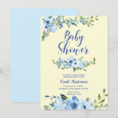 Stamblauw en geel baby shower kaart (Voorkant / Achterkant)