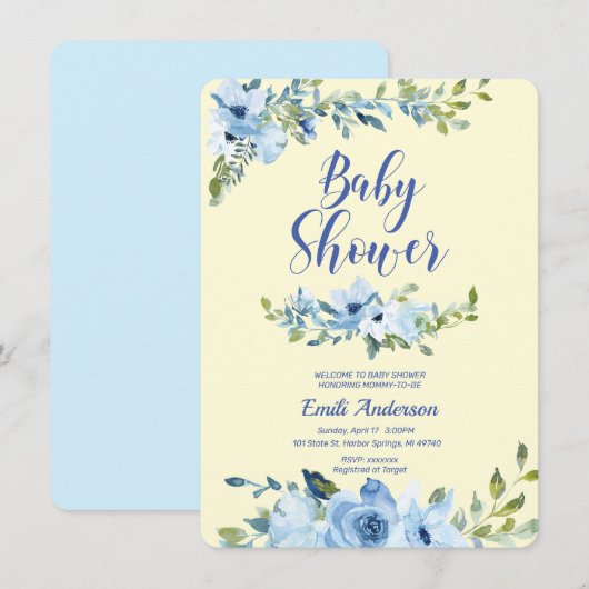 Stamblauw en geel baby shower kaart (Voorkant / Achterkant)