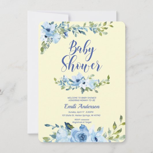 Stamblauw en geel baby shower kaart (Voorkant)