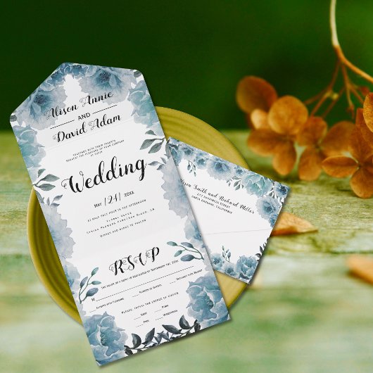 Stamblauwe waterverf bloemen bloemen bruiloft all in one uitnodiging