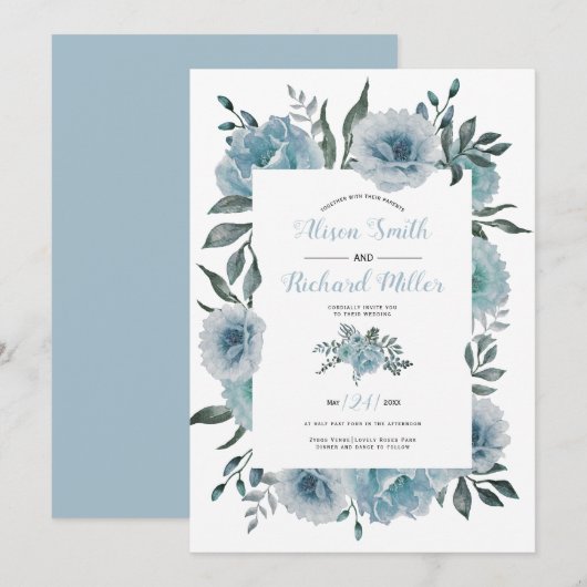 Stamblauwe waterverf bloemen bloemen bruiloft kaart (Voorkant / Achterkant)