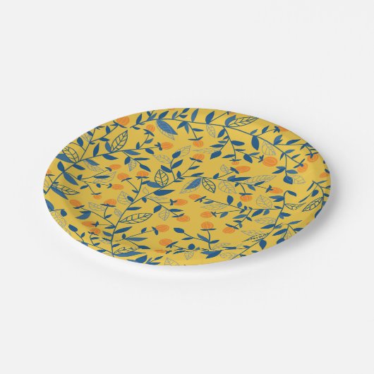 Stambloemen in blauw en geel papieren bordje (Gekanteld)