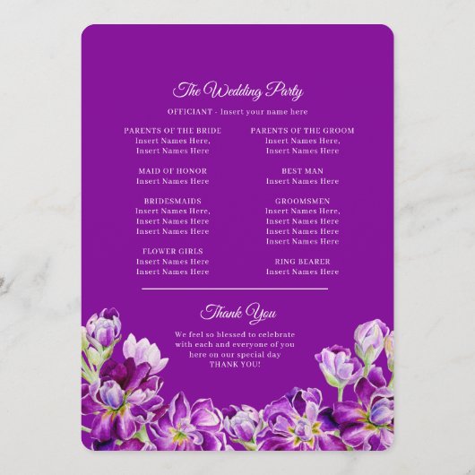Stambloemen paarse waterverf bruiloft programmakaart (Achterkant)