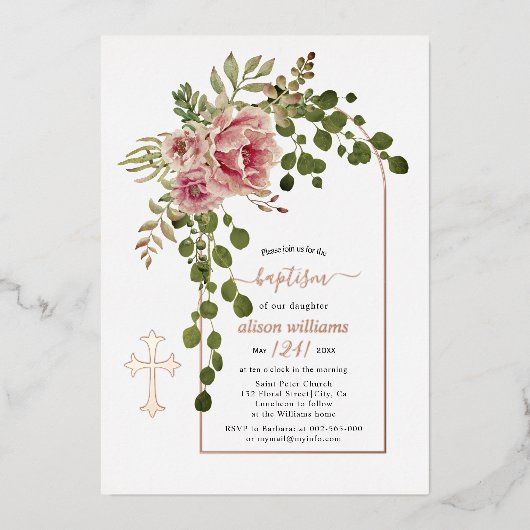 Stambloemen van roos, baptisme van zetmeel, roos g folie uitnodiging (Voorkant)