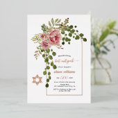 Stambloemen van roos, met boog van Mitzvah, roos g Folie Uitnodiging (Staand Voorkant)