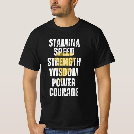 STAMINA, SNELHEID, STERKTE, WISDOM, ENERGIEVERBRUI T-SHIRT (Voorkant)