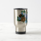 Stammand met blauwe hydrangeas en wit klein reisbeker (Center)