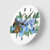 Stammand met blauwe hydrangeas en wit klein ronde klok (Hoek)