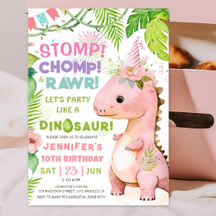 Stamp Chom Rawr! Dinosaur 10e verjaardag meisje ro Kaart