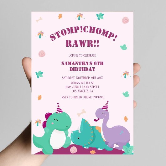 Stamp Chomp Rawr Roze Cute Dinosaur Verjaardag Kaart