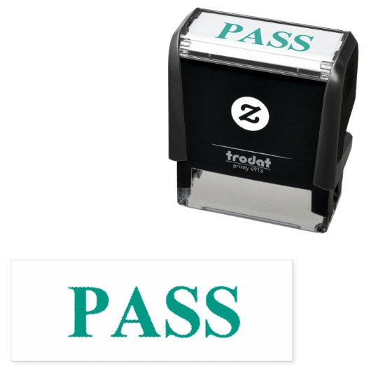 STAMP. GROENE TEKST, ZWARTE BACKING. 'PASS'  ZELFINKTENDE STEMPEL (In situ)