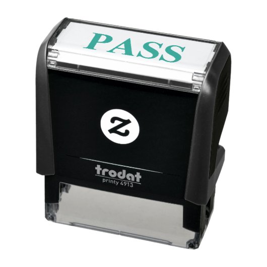 STAMP. GROENE TEKST, ZWARTE BACKING. 'PASS' ZELFINKTENDE STEMPEL (Product)