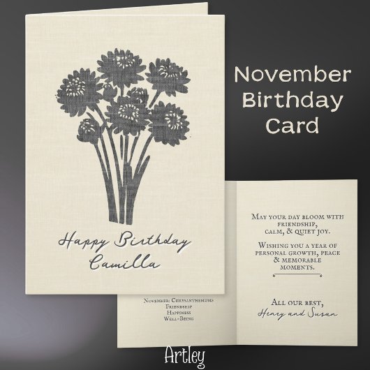 Stamped Chrysanthemum November Birth Flower Linen Kaart