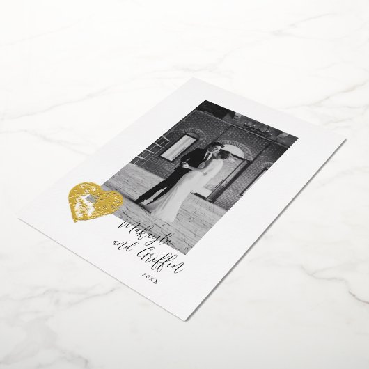 Stamped Heart in Gold met bruiloft Foto bedankt Folie Uitnodiging (Gedraaid)