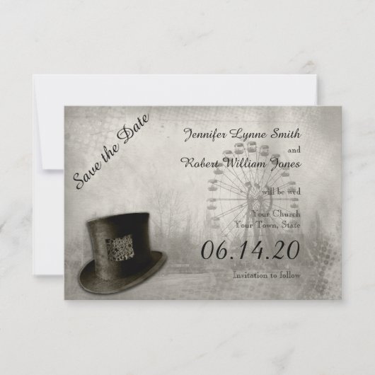 Stampunk Carnival Top Hat Wedding Save the Date (Voorkant)