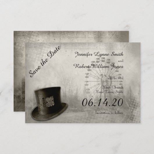 Stampunk Carnival Top Hat Wedding Save the Date (Voorkant / Achterkant)