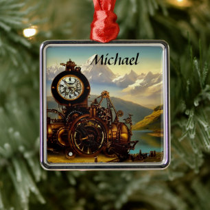 Stampunk Time Machine in Swiss Alps Personalized Metalen Ornament