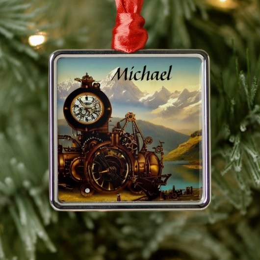 Stampunk Time Machine in Swiss Alps Personalized Metalen Ornament (Boom)