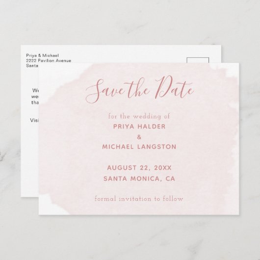 Stamroze Waterverf-spiegel, datum opslaan Aankondigingskaart (Voorkant / Achterkant)