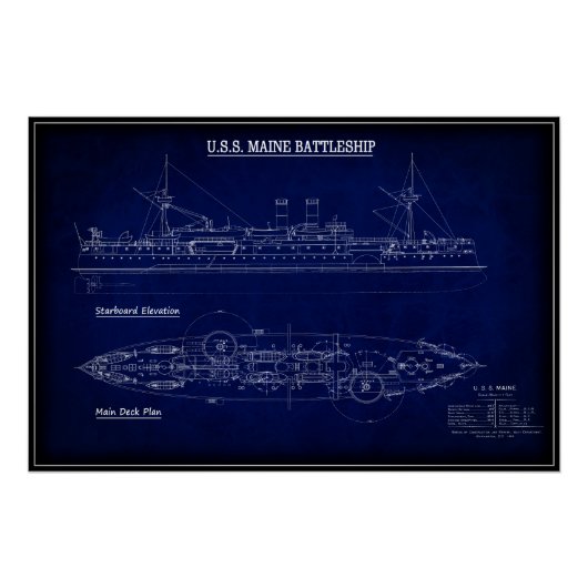 Stamslagschip USS MAINE Blueprint 1894 Perfect Poster (Voorkant)