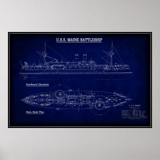 Stamslagschip USS MAINE Blueprint 1894 Poster (Voorkant)