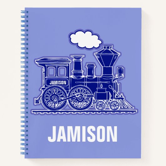 Stamtrein grafisch in blauw met aangepaste naam notitieboek (Voorkant)