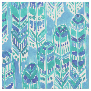 STAND TALL Aqua Tribal Boho Chic Feathers Stof