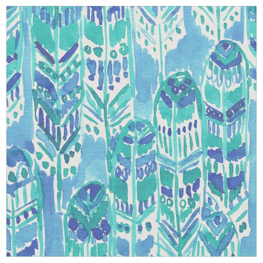 STAND TALL Aqua Tribal Boho Chic Feathers Stof (Close Up)