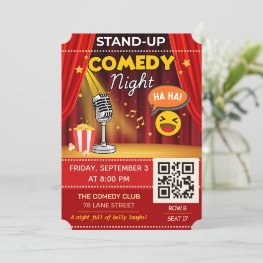 Stand-Up Comedy Night Ticket | QR Code Invite Kaart (Staand voorkant)