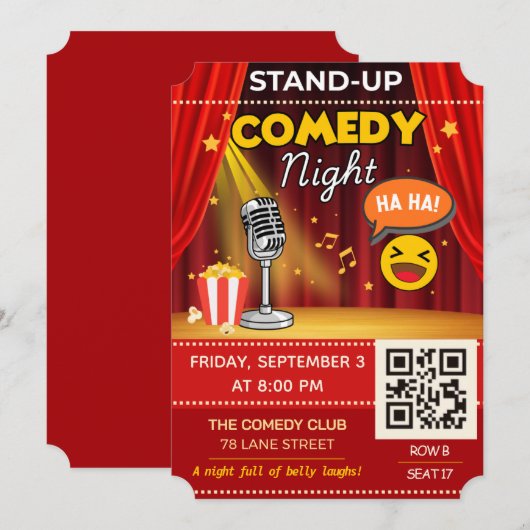 Stand-Up Comedy Night Ticket | QR Code Invite Kaart (Voorkant / Achterkant)