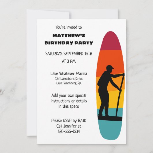 Stand Up Paddle Board SUP Custom Party Kaart (Voorkant)