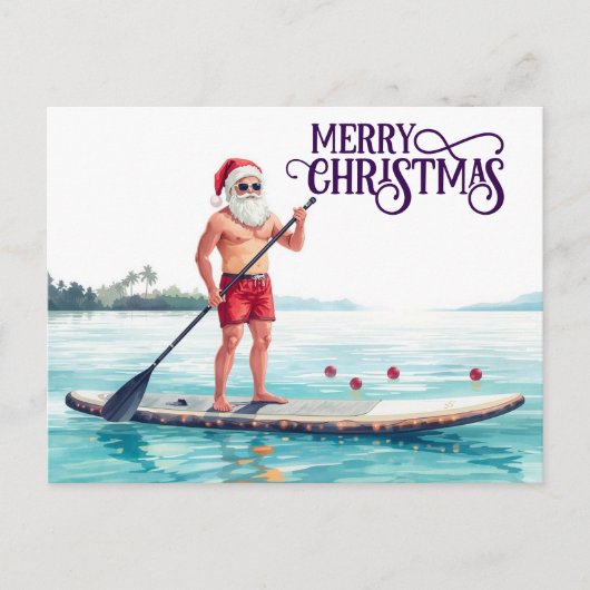 Stand-Up Paddle Santa — Coastal Christmas Holiday Briefkaart (Voorkant)