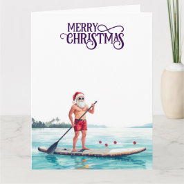 Stand-Up Paddle Santa — Coastal Christmas Holiday Kaart