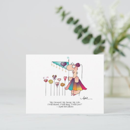 STAND, ZING, LEVEN! Briefkaart van April McCallum (Staand voorkant)