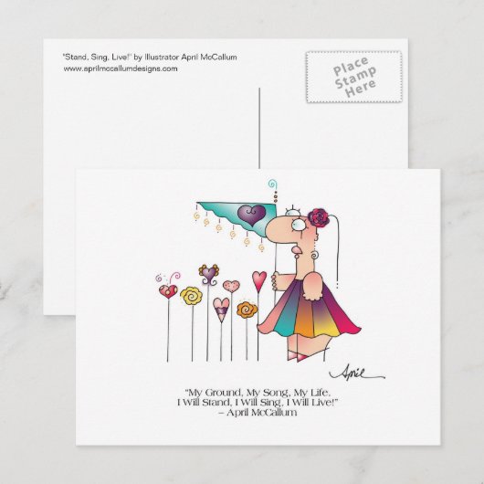 STAND, ZING, LEVEN! Briefkaart van April McCallum (Voorkant / Achterkant)