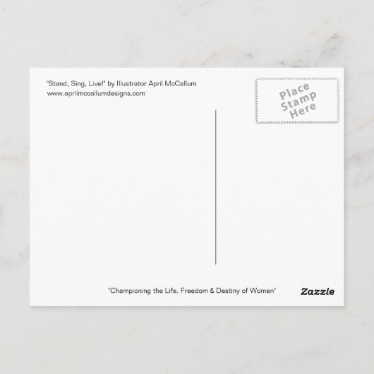 STAND, ZING, LEVEN! Briefkaart van April McCallum (Achterkant)