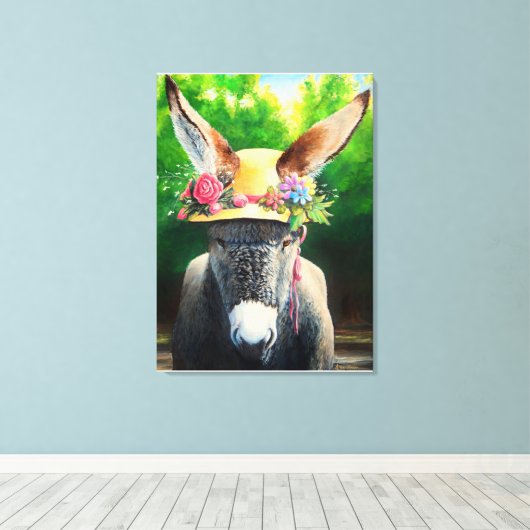 Standaard Donkey/Burro in Roos/maasbloem-pet Canvas Afdruk (Insitu (Houten vloer))