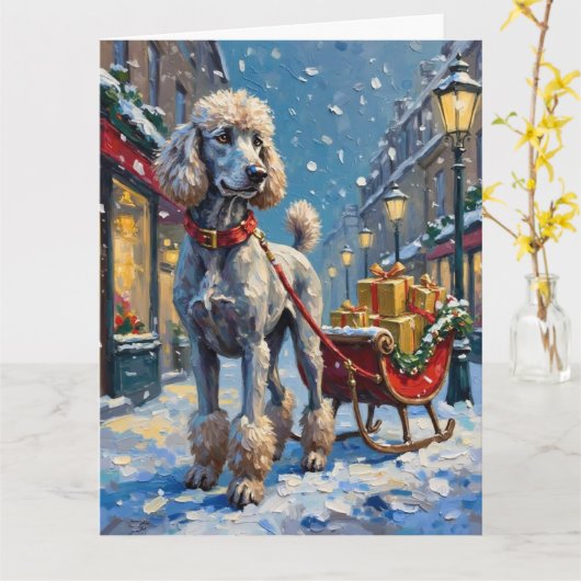 Standard Poodle French Sleigh Christmas Kaart (Gele Bloem)
