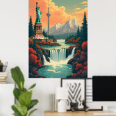 Standbeeld van Liberty en CN Tower Landschap Poster (Thuiskantoor)
