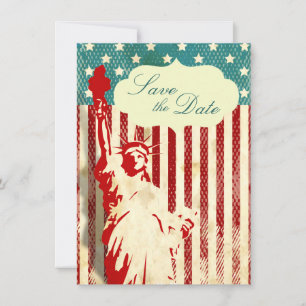 Standbeeld van Liberty en vlag Trouw Save the Date Kaart